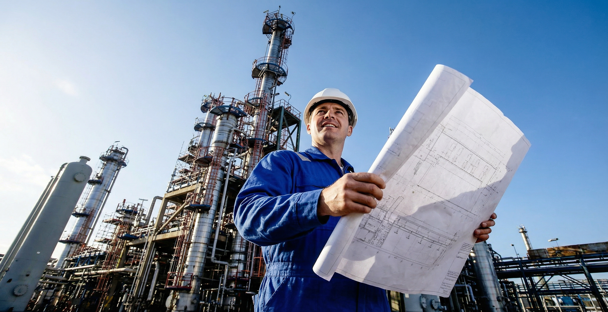 Строитель с чертежом на фоне промышленного объекта